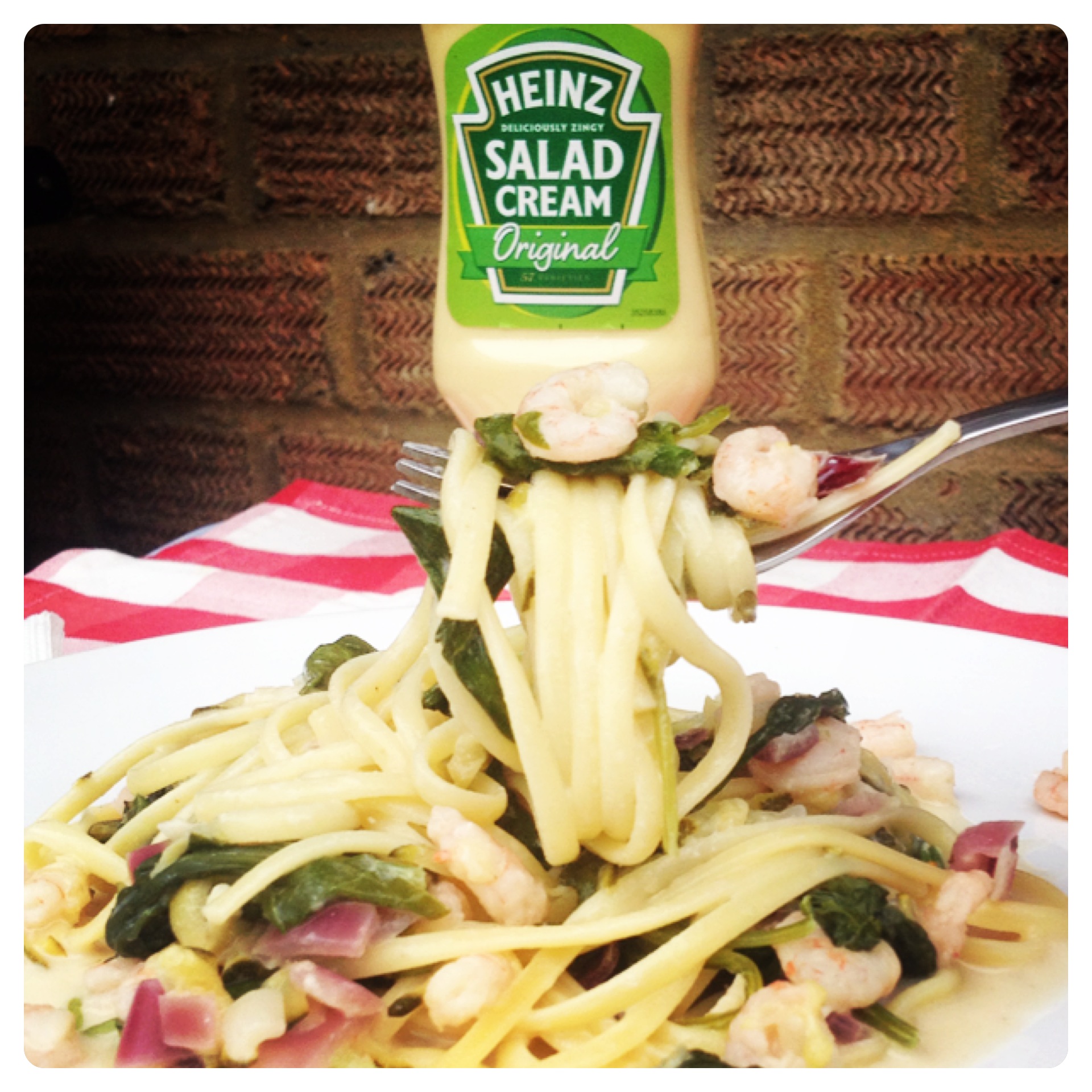 prawn and courgette linguine with heinz salad cream