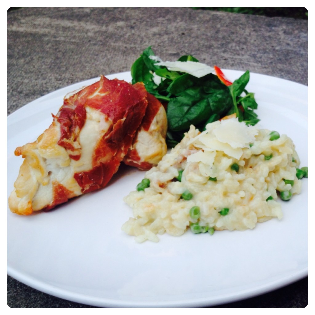 Stuffed Chicken Wrapped in Proscuitto with Pea Risotto and Grana Padano Salad 