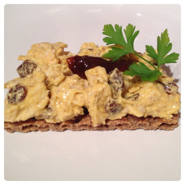 Ryvita Sweet Onion Crispbread topped with Mango Chutney and Coronation Chicken