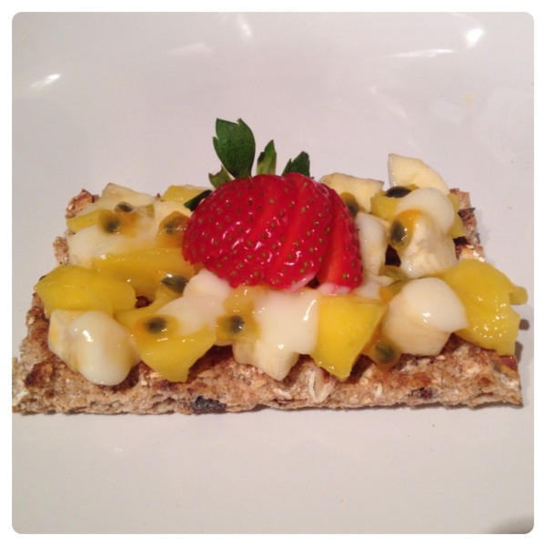 Banana, Mango, Passion Fruit and Strawberry with Yogurt on Ryvita Fruit Crunch