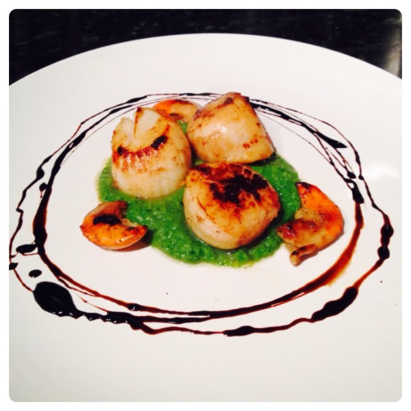 Pan Seared King Scallops with Pea Puree and Balsamic Vinegar Reduction