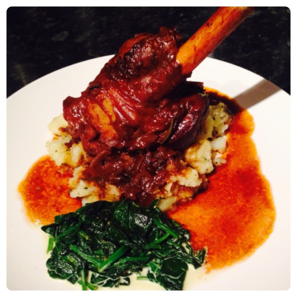 Braised Lamb Shank with Crushed Minted Potatoes and Creamed Spinach