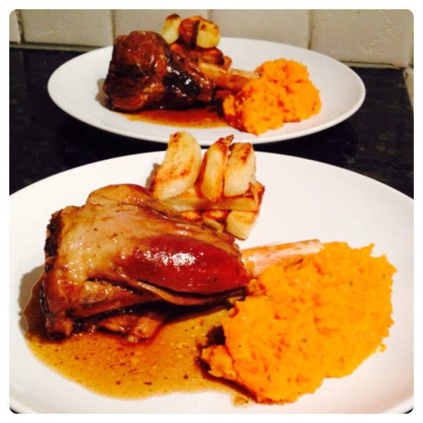 Slow Cooked Lamb Shanks with Chunky Chips and Carrot & Squash Mash