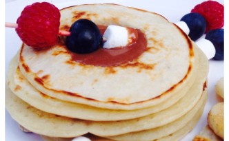 American Style Banana Pancake Stack filled with Warm Chocolate Dipping Sauce