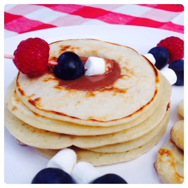 American Style Banana Pancake Stack filled with Warm Chocolate Dipping Sauce