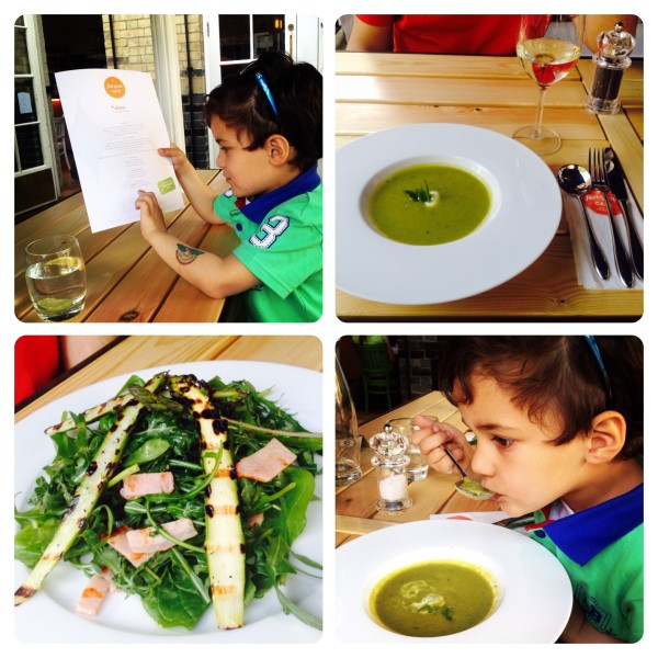 Grilled Aspargus Salad and Pea, Mint and Crème Fraiche Soup