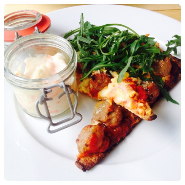 Cumberland Sausage, Tomato and Rocket Flat Bread Pizza with Coleslaw