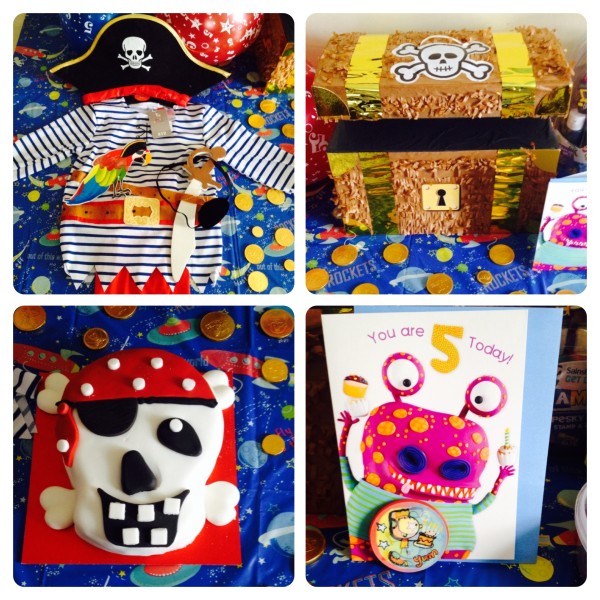 Pirate Costume, Treasure Chest Pinata, Skull Birthday Cake and Birthday Card