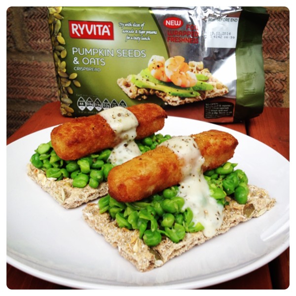 Crunchy Fish Finger Ryvitas with Crushed Peas and Tartare Sauce