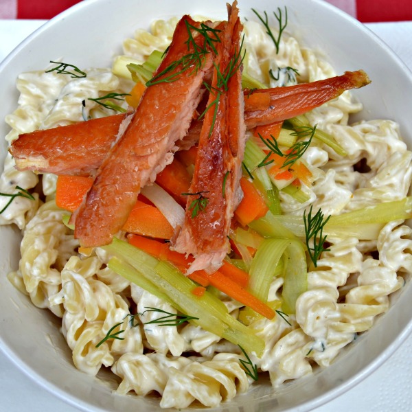 Fusilli with Smoked Trout in Creamy Sauce with Vegetables