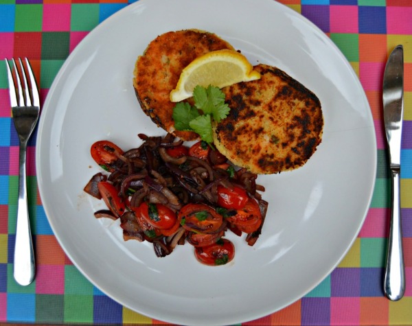 Salmon Fishcake with Warm Tomato Balsamic Salad Recipe