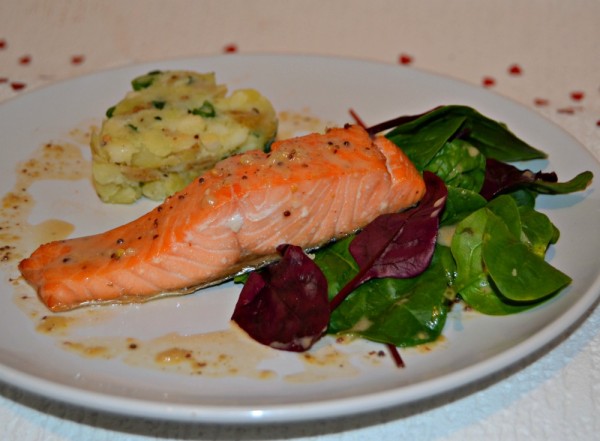 Scottish Salmon in Honey Mustard Sauce with Crushed Potatoes and Baby Leaves Salad